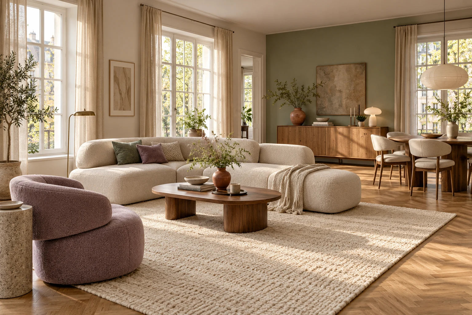 Einladender Wohnraum mit Sofa in Naturtönen, Holzmöbeln und lavendelfarbenem Sessel